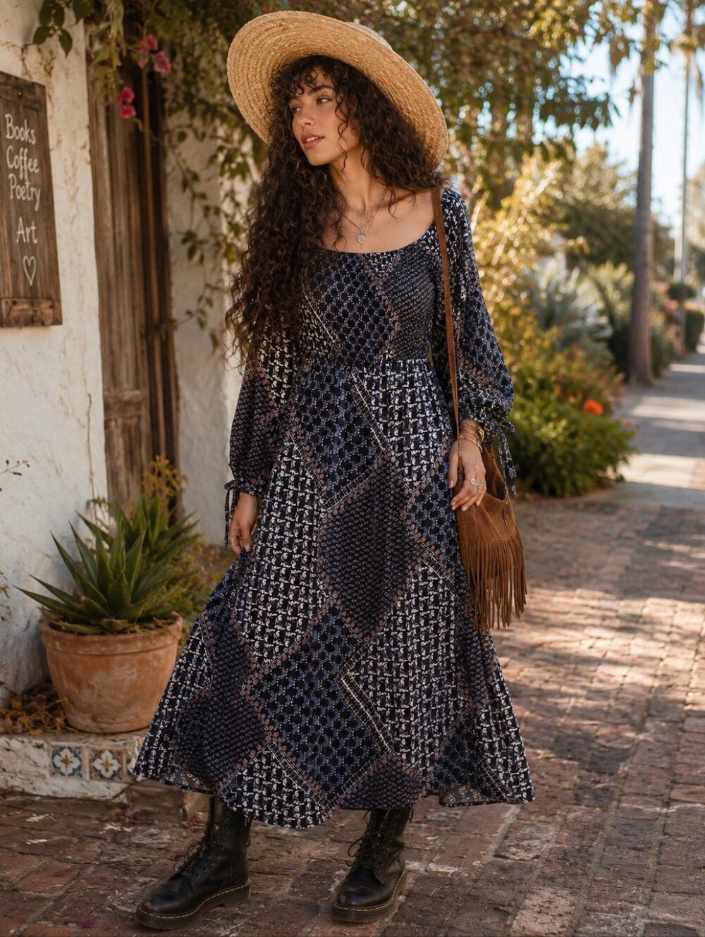 Hayden Los Angeles Boho Peasant Maxi Dress-- Indigo Patchwork, Size Large